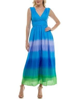 Taylor Ombre Tie Dye Rainbow Maxi Dress Sz S Pockets Empire Waist V-neck